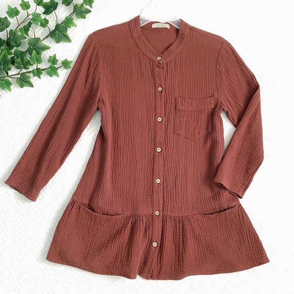 Polagram Tops - Polagram gauze cotton boho button down long sleeve tunic, sienna brown